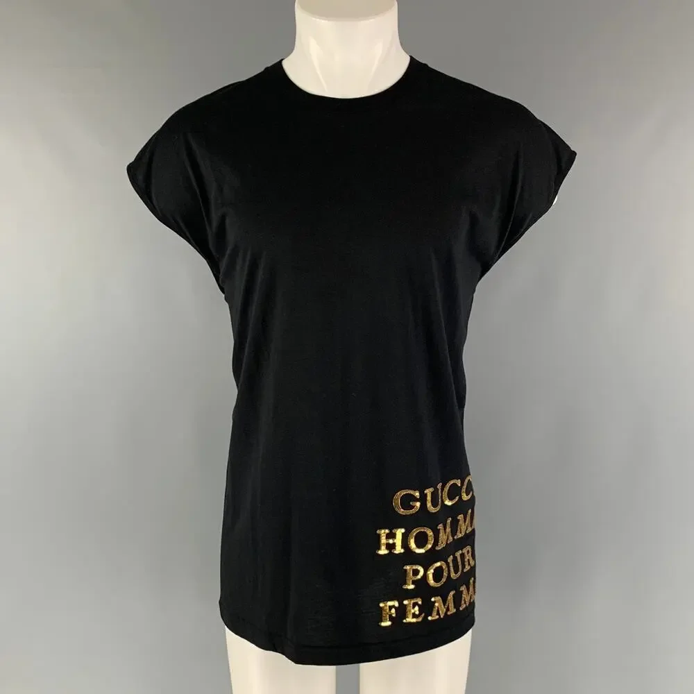 GUCCI Size XXS Black Gold Embroidery Cotton Sleeveless T-shirt